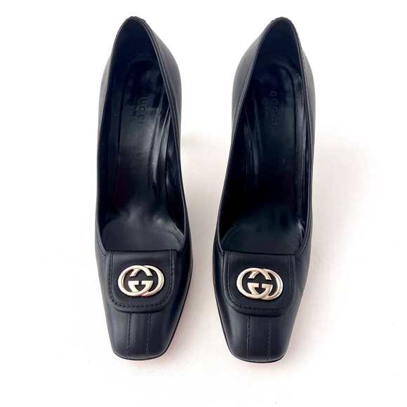 GUCCI | Black Leather GG Interlocking Logo Square Toe Pumps Heels Vintage US 8 - Picture 2 of 14